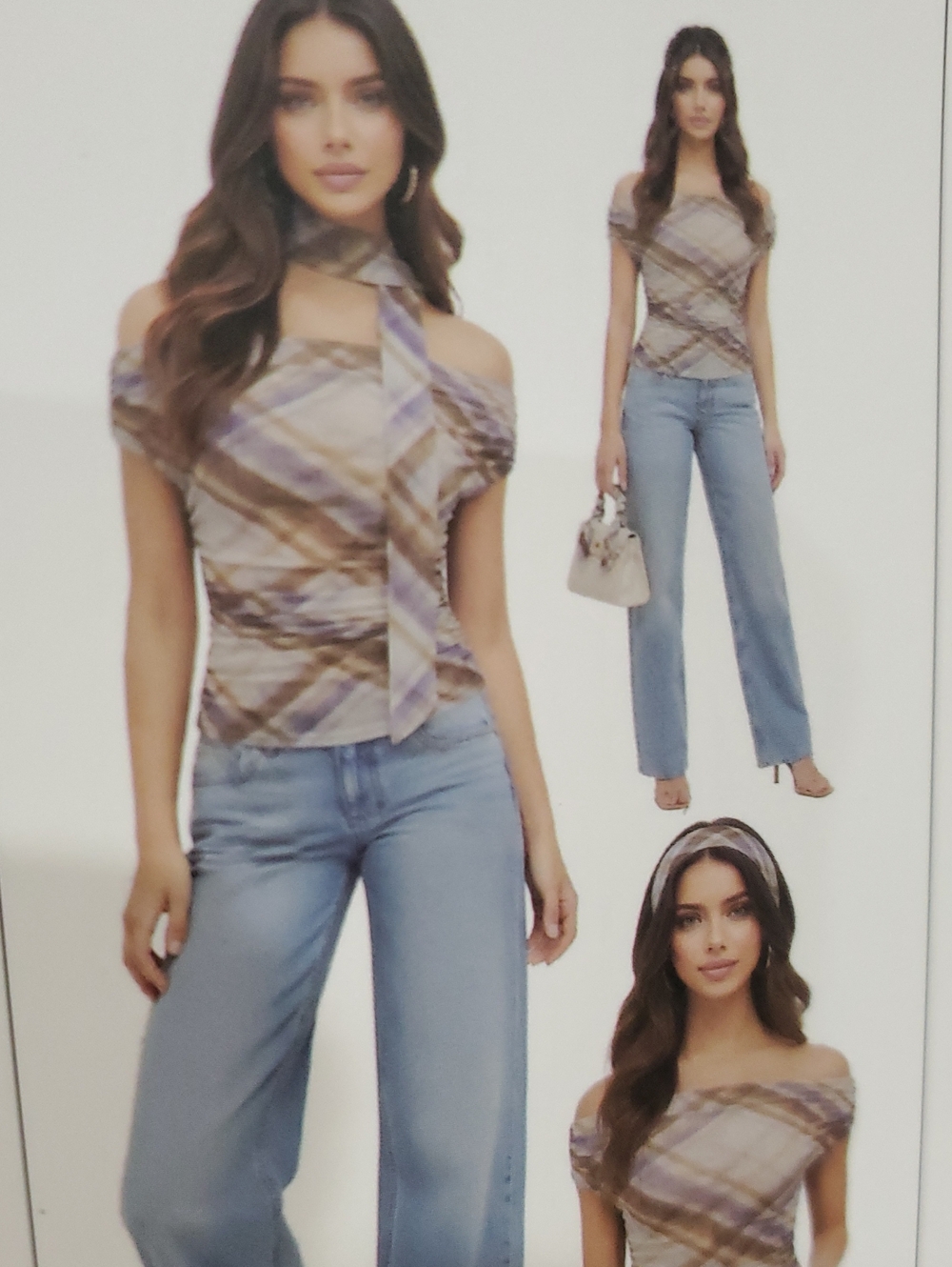 Brown lavender sheer chiffon off the shoulder shirred sides mesh top with sash